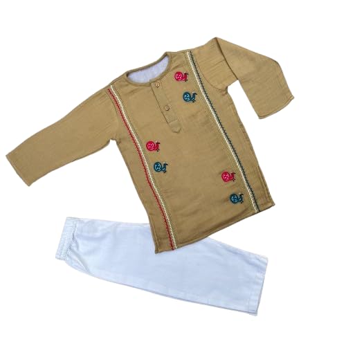 BHAAKUR Pure Muslin Cotton Kurta Set | Peacock Embroidery |Comfortable Ethnic Wear| Perfect for festivals |Button Fly Closure| Brown, 6-12 Months-image-49