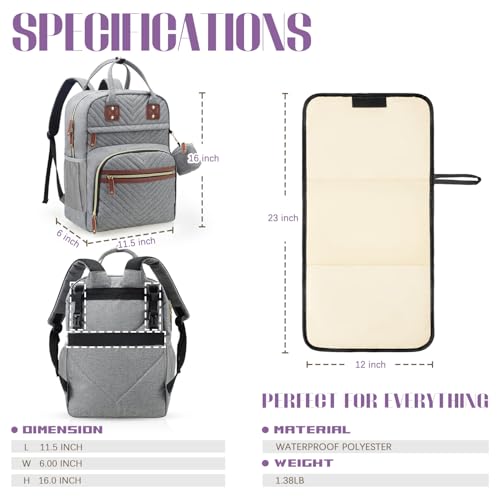 Image of Tuwubi Diaper Bag Backpack with Changing Pad,Baby Essentials, Multi function Waterproof Backpack with Stroller Straps & Pacifier Case Light Grey