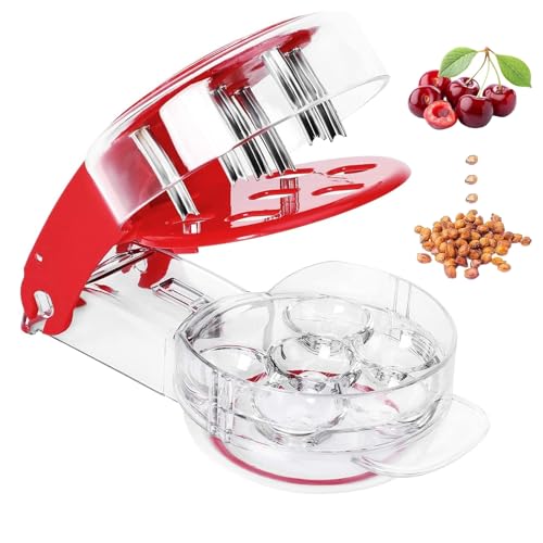 Cherry Pitter - Multi Cherry Stoner Remover,Stainless Steel Cherry Pitter Tool with Rod Pits and Juice Container Fruit Tools,Cherry Stone Seed Removal Core,Easy Squeeze with Grip 6 Cherries Red