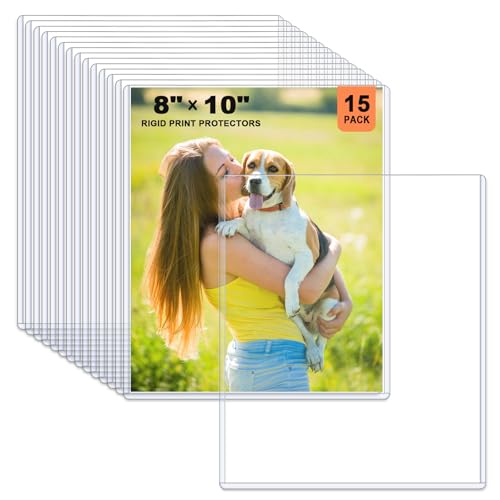 Ndsox 15 Pack 8 x 10 Rigid Print Protectors Clear Hard Plastic Sheet Protectors Top Loading for Photographs Photo Papers Posters Prints Birth Certificates Heavy Duty No-Hole Rigid Photo Sleeves