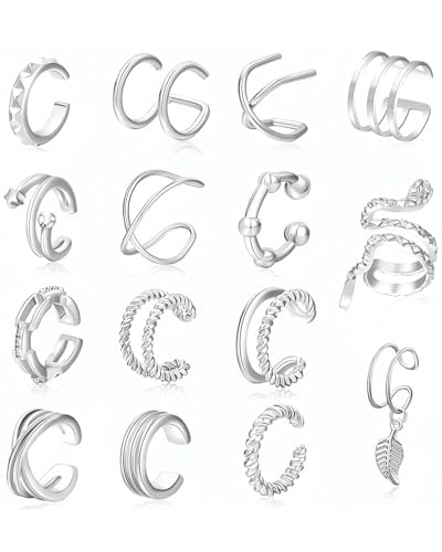 ZAMXHUG Pendientes sin Agujero Mujer - 15 pcs Pendientes Clip Orejas Set Falsos Sin Agujero Ear Cuff Plata De Oreja Cartilago Hélice Envolventes Pendientes de Oreja Ajustables para Mujeres