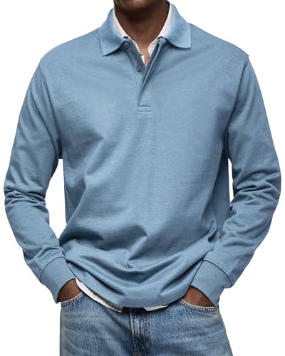 Men's Long Sleeve Polo Shirts Basic Soild Cotton T-Shirt Lightweight Casual Button Collared Shirt Top