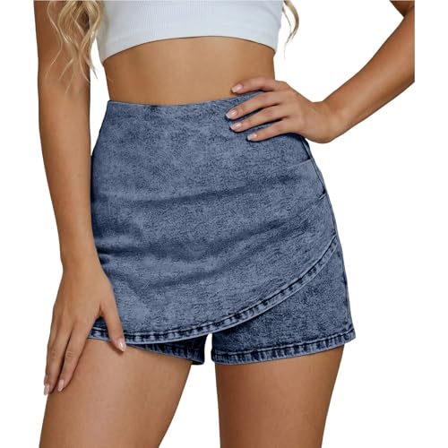 Falda vaquera para mujer, de cintura alta, minifalda vaquera, Y2K, falda vaquera asimétrica, falda con pantalones cortos, pantalones cortos, estilo culotte, minifalda elegante, falda vaquera, azul