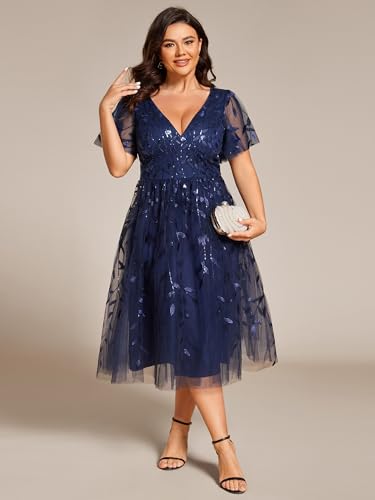 Image of Ever-Pretty Womens Embroidered Tulle Plus Size Cocktail Evening Party Dress A-Line Midi Wedding Guest Dresses for Curvy Women