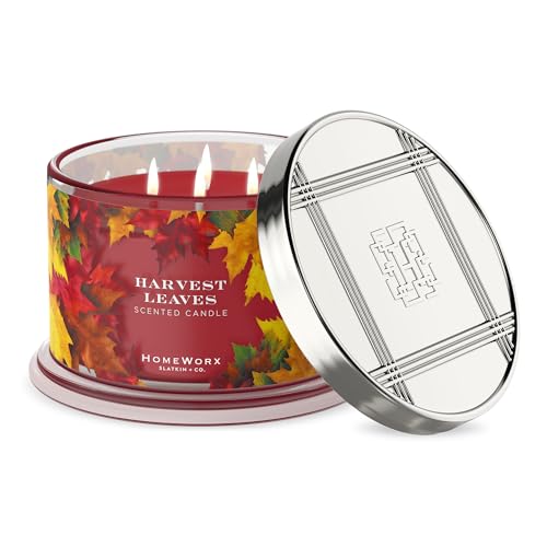 HomeWorx by Slatkin & Co Premium Scented 4-Wick Candle, Harvest Leaves - 18 oz - Long-Lasting Jar Candle, 30-55 Hours Burn Time - Notes of Spiced Pumpkin, Mandarin, Cranberry, Fir Balsam & Applewood