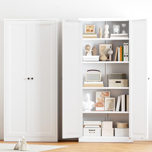 Image of Greenvelly Metal Storage Cabinet, 63 inch H White Metal Storage Cabinet with Doors and 4 Shelves, Steel Cabinets for Living Room, Office, School (White - Modern)