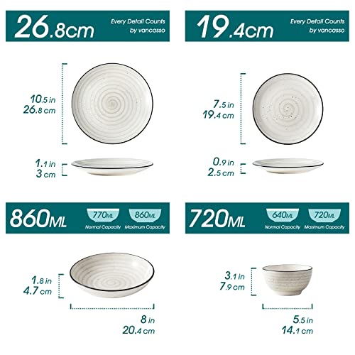 vancasso Stoneware Dinnerware Set 24 Pieces, Bonbon Beige Dinner Set Handpainted Spirals Pattern Combination Set with Dinner / Dessert / Soup Plate Bowl, Service for 6