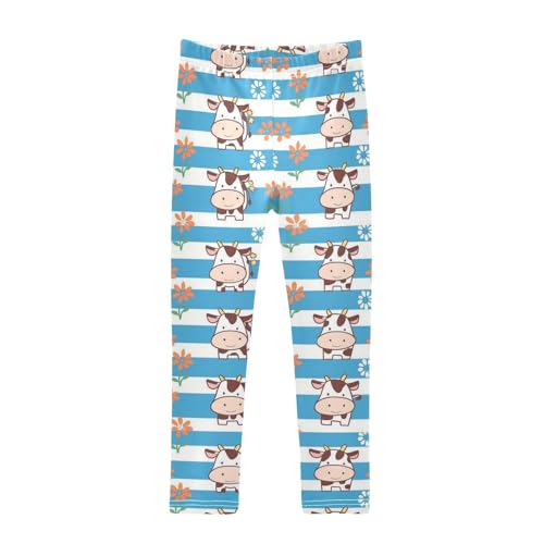 Wusikd Cartoon Cow Girls' Leggings Toddler Doodles Blue Striped Flowers Kids Yoga Pants Dance Active Tights 4T