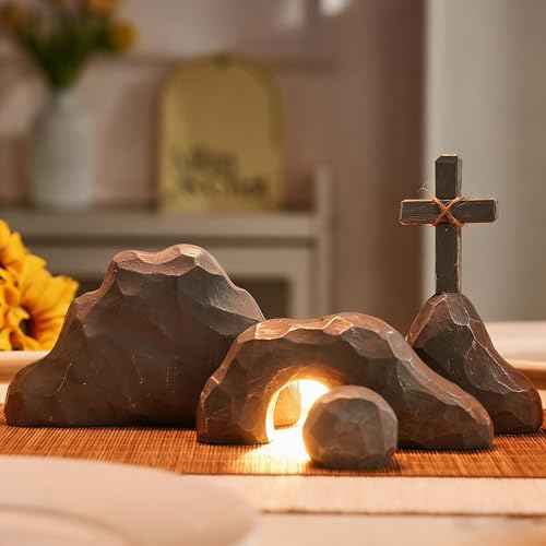 Empty Tomb Easter Decor with Cross Easter Empty Tomb Resurrection Scene for Christian Decoration Realistic Rock Resin Sculpture for Religious Display Home Office Tabletop Tray Church Shelf Decor