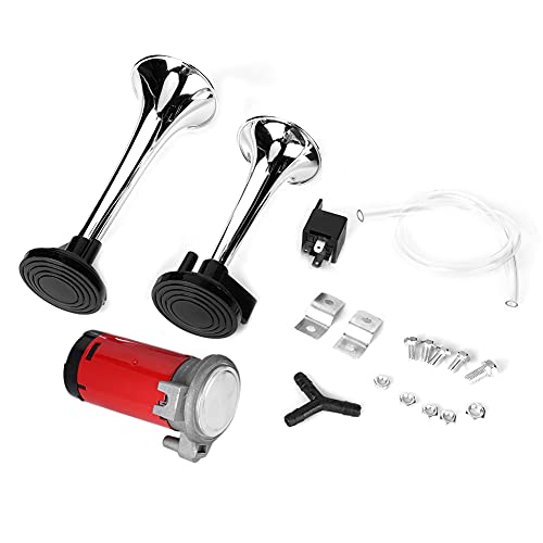 Bocina de aire súper ruidosa de 12 V y 120 dB, bocina de motocicleta de doble trompeta, bocina de aire de acero impermeable con sonido de alta penetración para motocicletas univers