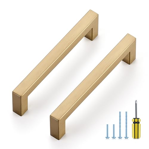 Image of Ravinte 5 Pack Champagne Bronze Cabinet Handles 5 Inch Hole Center Stainless Steel Kitchen Square Cabinet Pulls for Dresser Drawer Cupboard Handles with Screwdriver