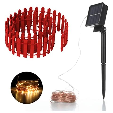 Robkea, 36 Inch Mini Fence Fairy Garden Fence & Waterproof LED 40FT 100 LED Solar String Lights with 8 Lighting Modes | Fairy Garden Accessories Outdoor (Red) Cover