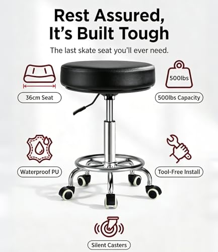 Image of Adjustable Rolling Stool with Wheels 500lb,Thick 9.5cm Cushion,30-Second Assembly,Heavy Duty Round Rolling Stool with Footrest,Patent Leather For Drafting Stool Chair Work Spa Salon Seat(Black)