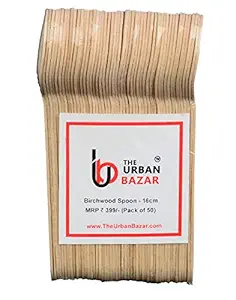 THE URBAN BAZAR Birchwood Disposable Wooden Spoon Biodegradable, Compostable and Natural -16 cm Length Perfect for Parties and Crafts - Pack of 50
