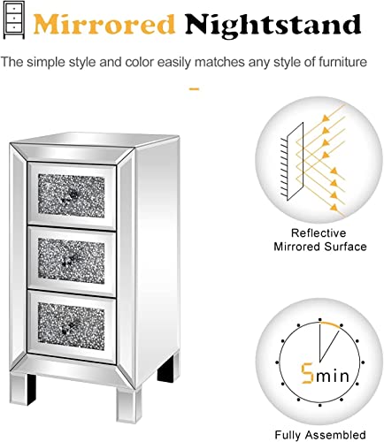 Image of VINGLI 3-Drawer Mirrored Nightstand Bedside Table Modern Night Stands Set of 2 Glass Accent End Table, Fully Assembled, Silver