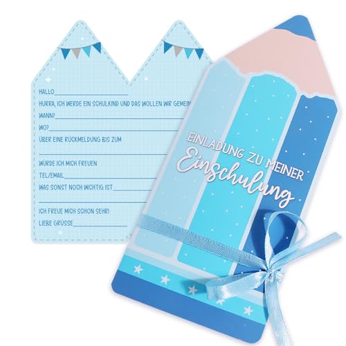 COMOOKA 12x Einladungskarten Einschulung Junge Blau - Schulanfang Einladung Einschulung Karten mit Buntstift Design - Faltbare Einladungskarten Schuleinführung Junge