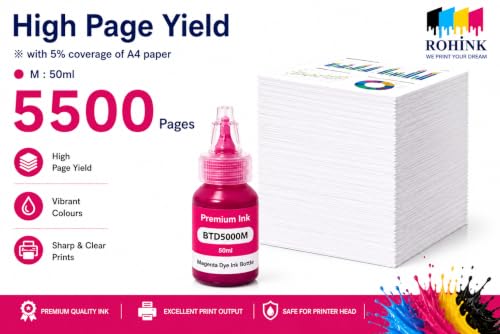 Image of ROHINK Premium Dye Ink Bottles for Brother Printers, T220, T300, T310, T420, T500, T520, T820, T920, T510, T910, T710, T4500W, T800W, T710W - Printer (BTD5000 Magenta Pack 2)
