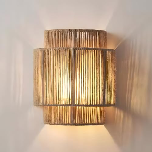 Image of Bofea-1 Light Boho Wall Light,Rattan Wall Sconce with Hand Woven Hemp Rope Shade,Plug in Wall Sconces,Boho Bedside Lamp,Farmhouse Rustic Wall Lamps Light Fixture for Living Room Bedroom Stairway