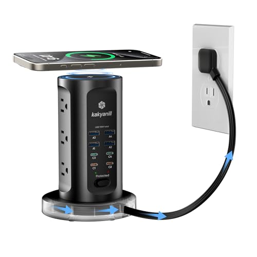 Kakyanill 115W USB Charging Station Power Strip Tower 9 AC Outlets with 8 USB Ports(4 USB-C) 6Ft Flat Plug Retractable Extension Cord for Home Office Dorm Black