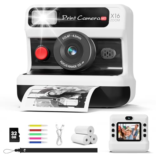 CalineGam Camara Fotos Infantil Instantanea, HD 1080P Cámara Instantánea para Niños con Tarjeta de 32G y 3 Rollos de Papel, Lentes Dobles, Regalo para Niños y Niñas de 3 a 12 Años