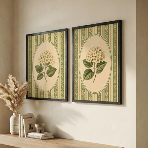 Image of NoWorries Vintage Botanical Wall Art Set of 2 Framed Floral Prints for Living Room Bedroom Office | Green Cottagecore Wall Decor with Wooden Frame (Art-6, 25x37inch)
