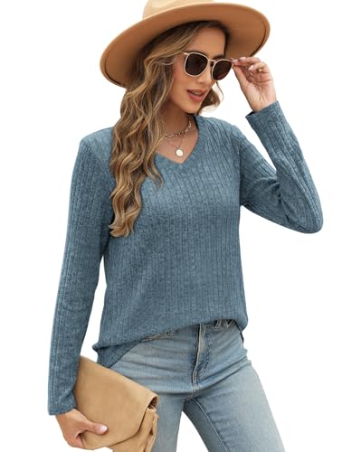 Image of OFEEFAN Women's V Neck Long Sleeve Shirts Casual Fall Winter Tunic Tops Lightweight Sweaters