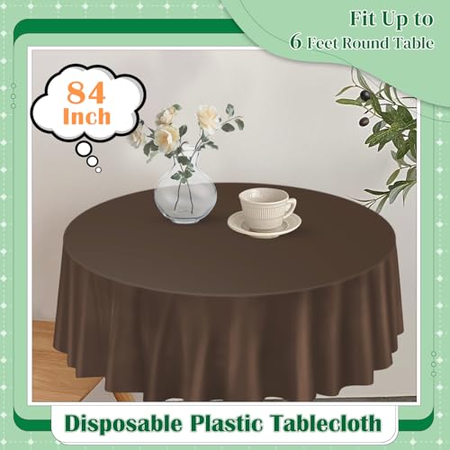 Image of Brown 14 Pack 84 Inch Plastic Round Tablecloths, Disposable Plastic Table Cover for Parties and Dinners