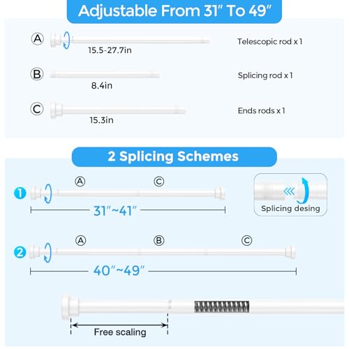 Image of Shower Rods 31-49 inch 2Pcs White Spring Shower Tension Rod Adjustable | 7 /8 inch Tension Curtain Rods Carbon Steel Tube, Rust-Proof Non-Slip Tool-Free, Tension Rod for Windows Bathroom Room Divider