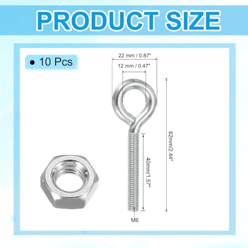Image of PATIKIL M6x40mm Eye Bolts, 10 Pcs Carbon Steel Threaded Eyebolt Eye Hooks Screws with Nut for Hanging or Securing Cables Silver