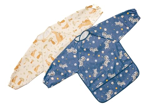 BILOO Baberos Bebé Impermeables con Manga Larga para Bebé - Libre de BPA - Hecho con PU (Cebra/Canguro)
