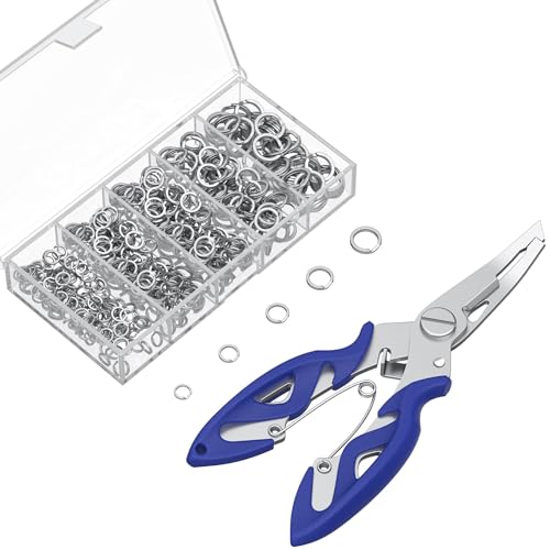 Pawfly 250 Pcs Split Rings and Split Ring Pliers for Fishing, 5 Sizes Fishing Split Rings & Fishing Pliers Kit, Stainless Steel Split Rings for Saltwater & Freshwater, Fishing Lure Connectors