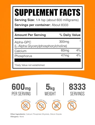 Image of BulkSupplements.com Alpha GPC Powder - Choline Supplements, Alpha GPC 300mg - Acetylcholine Supplements, Unflavored & Gluten Free, 600mg per Serving, 5kg (11 lbs) (Pack of 5)