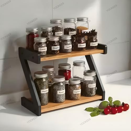 Image of Yookeer 2-Tier Spice Rack, kitchen organizer rack, Rustic Brown and Black, Z-Shape Countertop Organiser, 33x16x25 cm (RUSTIC BROWN)
