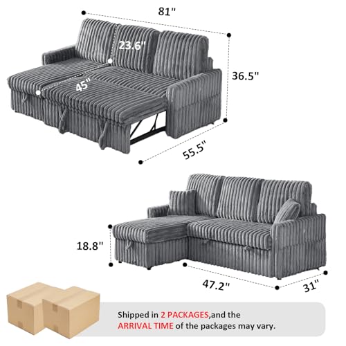 Image of KCGKCG 81 inch Sectional Sleeper Sofa Bed, Pull Out Couches for Living Room | Pull Out Sofa Bed with Storage Chaise, Dual Cup Holders, Side Storage Pocket, Charging Station, Plush Corduroy Fabric