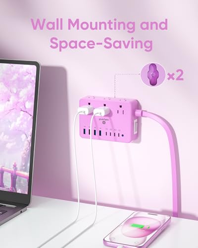 Image of Purple Power Strip with 6 AC 8 USB 2000J Surge Protector 5ft Flat Plug | 4 USB C with 2000J Surge Protector Purple Extension Cord kawaii gift, Compact for Desk Home, Office, Dorm