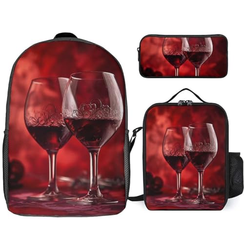 3 Piece Backpack for Women Men Lightweight Causal Daypack Shoulder Bag Set with Insulated Lunch Bag And Pencil Case Organizers Two Glasses of Wine