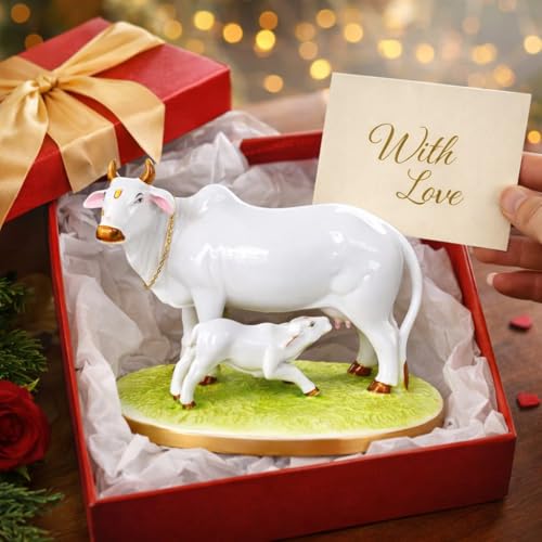 Image of Sai Amrut Handicraft Decorative Polystone Cow and Calf Big Statue /Idol for Gift Home Decor 7 inch (Marble Cow), White