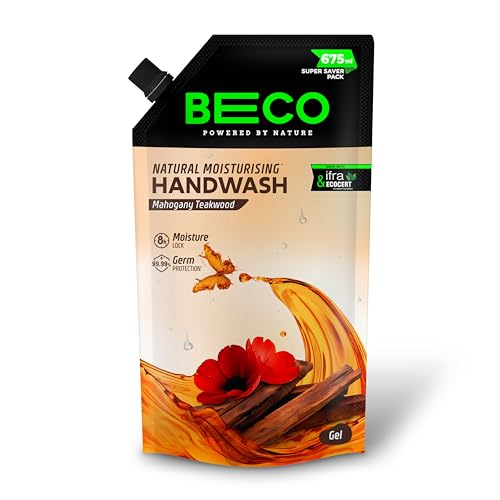 Image of Beco Moisturising Liquid Handwash-Mahogany Teakwood Fragrance | 675 ml | 8-hr moisture lock | Natural, Paraben free, Chemical Free | Kills 99.99% germs, Safe for all Skin types | Plant based Cleansers