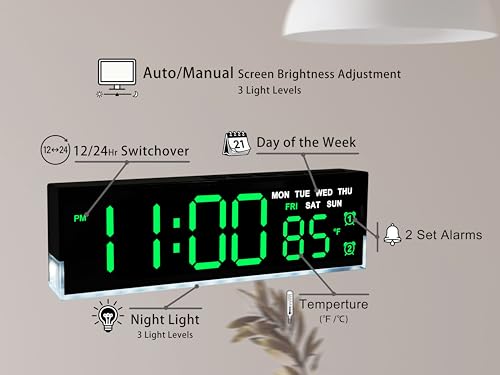 Image of zyzamay 7-Inch Modern LED Digital Alarm Clock with Dual Alarms & Soft Bottom Light｜Displays Time, Date, Day, Temperature ｜3-Level Auto /Manual Brightness, DST, USB or Battery Powered Desk Clock,Green