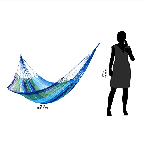 Novica Handmade Hammock Double Mayan Rope Style Nylon From Mexico Blue Striped Beach Bonfire [Bed Size 78In L X 78In W Total Length 158In L] 'Sea Breeze' #TOP4