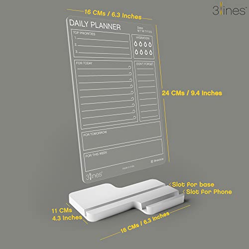 Image of 3 Lines Clarity+ 'Daily Planner Top Priorities' Acrylic Board for Desk (24x16 CM)| Best Planner & Organizer | White Acrylic Base With Slot for Phone| With 2 Markers & Cleaning Fabric |Regular Size