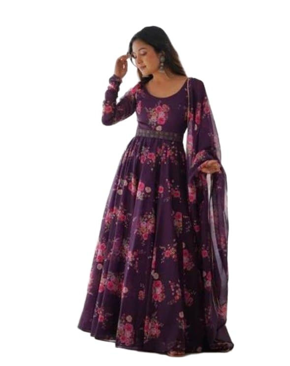 Women Delta Round Neck Full Sleeves Gown Featuring Floral Rose Design with Belt and Dupatta 3 Piece Ethnic Wear Set (Purple)-image-21