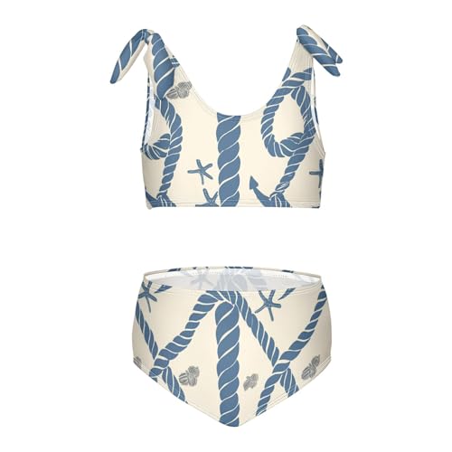 Navy Blue Striped Rope and Ocean Girls' 2 Piece Kids Bikini Set Beach Swimsuits Swimming Suits Cute Shoulder Strap