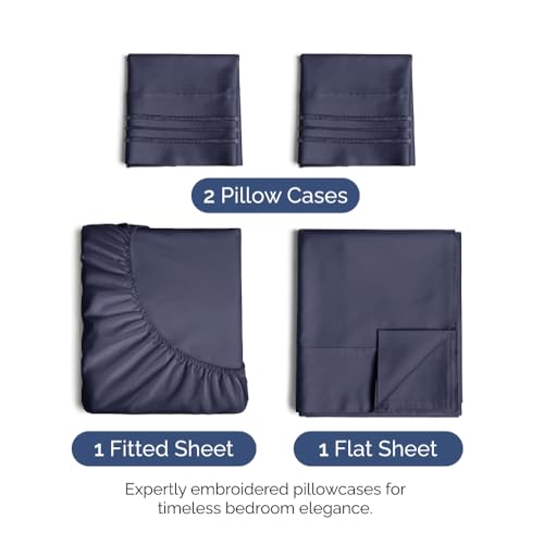 Image of Full Size 4 Piece Sheet Set - Ultra Soft & Cooling Sheets - Deep Slate Blue | Fits 8 Inch to 16 inch Mattress, Wrinkle Free & Fade Resistant with Deep Pockets, Breathable, Comfy Hotel Luxury Bedding