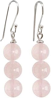 Pendientes de cuentas triples de piedras preciosas naturales hechos a mano para mujer con ganchos de plata de ley 925 | ideas de regalos para mujeres y niñas (rosa cuarzo rosa)