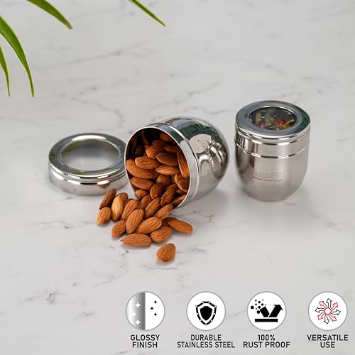 Image of Sumeet Stainless Steel Conical Shape Canisters /Dabba /Storage Containers for Kitchen with See Through Lid, Set of 2 Pcs, (250ml-7cm Dia-1Pc & 400ml-8.5cm Dia-1Pc), Silver