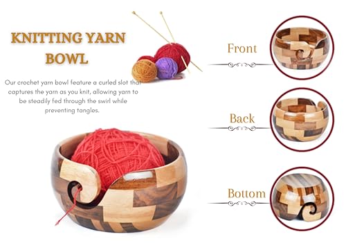 Image of Large Wooden Yarn Bowl | Handmade Knitting Wool Storage Bowl | Yarn Holder Dispenser with Holes to Prevent Slipping and Tangles for Knitting & Crocheting (Multicolor)