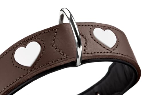 Hunter Hundehalsband Love, Farbe: braun/schwarz, weiches, Robustes Rindsleder, einzeln eingenähte Herzen, handgefertigt, hoher, besonders anschmiegsam, Made in Germany, Größe 32