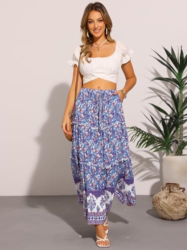 Allegra K Summer Boho Maxi Skirts for Women's Floral Flowy Ruffle Skirt with Pockets A-Line Tiered Long Skirts4