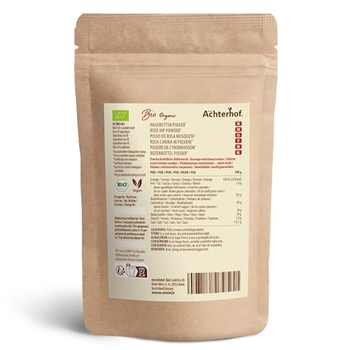 Hagebuttenpulver Bio 1000g | ganze Hagebutte gemahlen | fruchtiges, süß-würziges Aroma | 100% Bio Hagebutten Pulver in Rohkostqualität | vom Achterhof